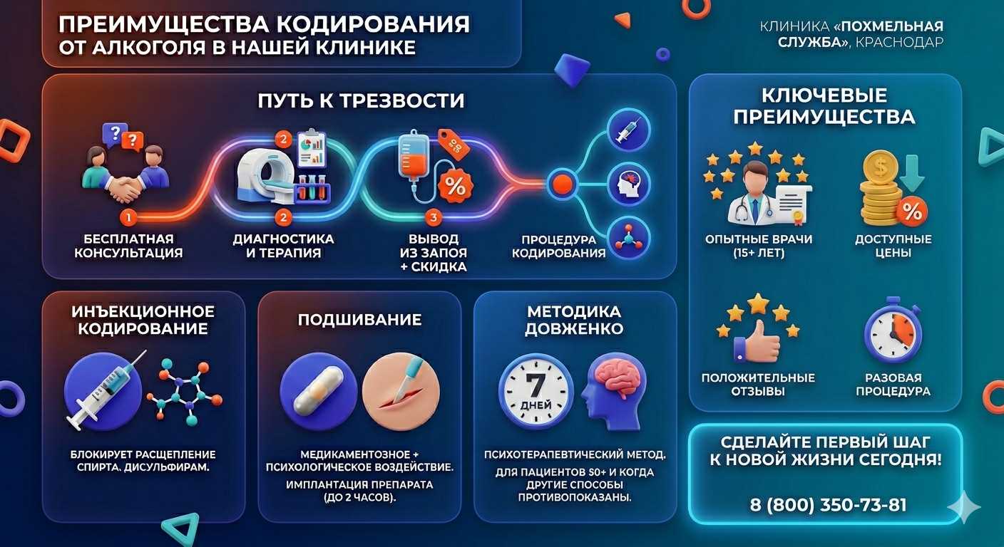 Инфографика о методах кодирования от алкоголя в Чанах: инъекции, подшивание, метод Довженко. Преимущества клиники и этапы лечения.