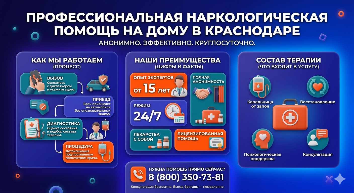 Инфографика о принципах лечения алкоголизма на дому в Чанах: этапы вызова нарколога, преимущества анонимной детоксикации и состав медицинской помощи.
